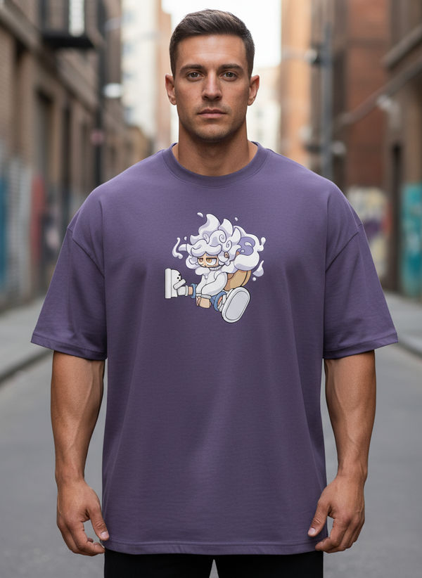 Stylized Anime Cloud Boy Graphic Tee | Purple Streetwear Top
