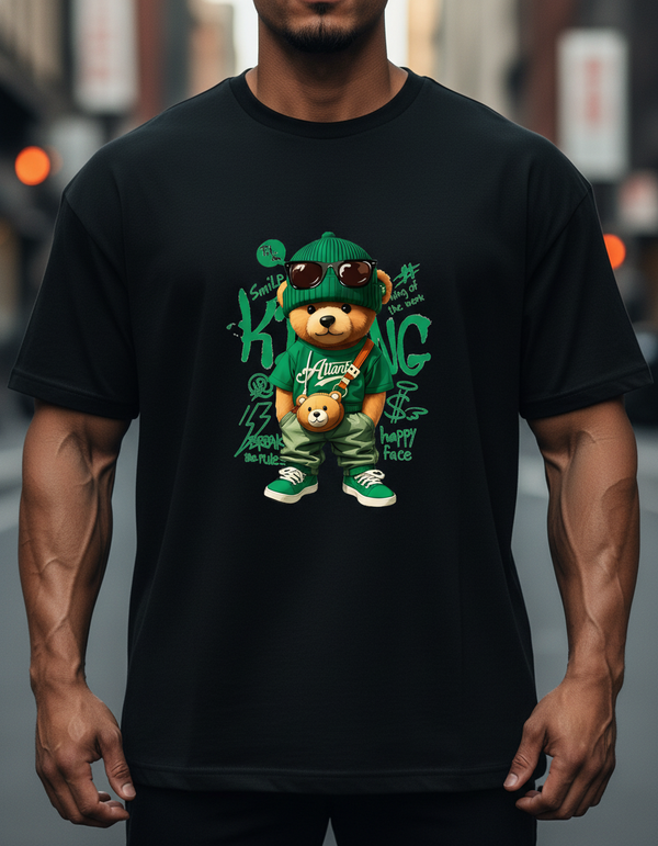 Anngi Cool Green Bear Graphic Tee | Black Urban Streetwear