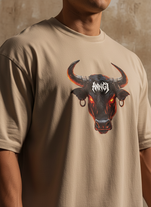 Anngi "Raging Bull" Graphic Tee | Beige Oversized Street Style