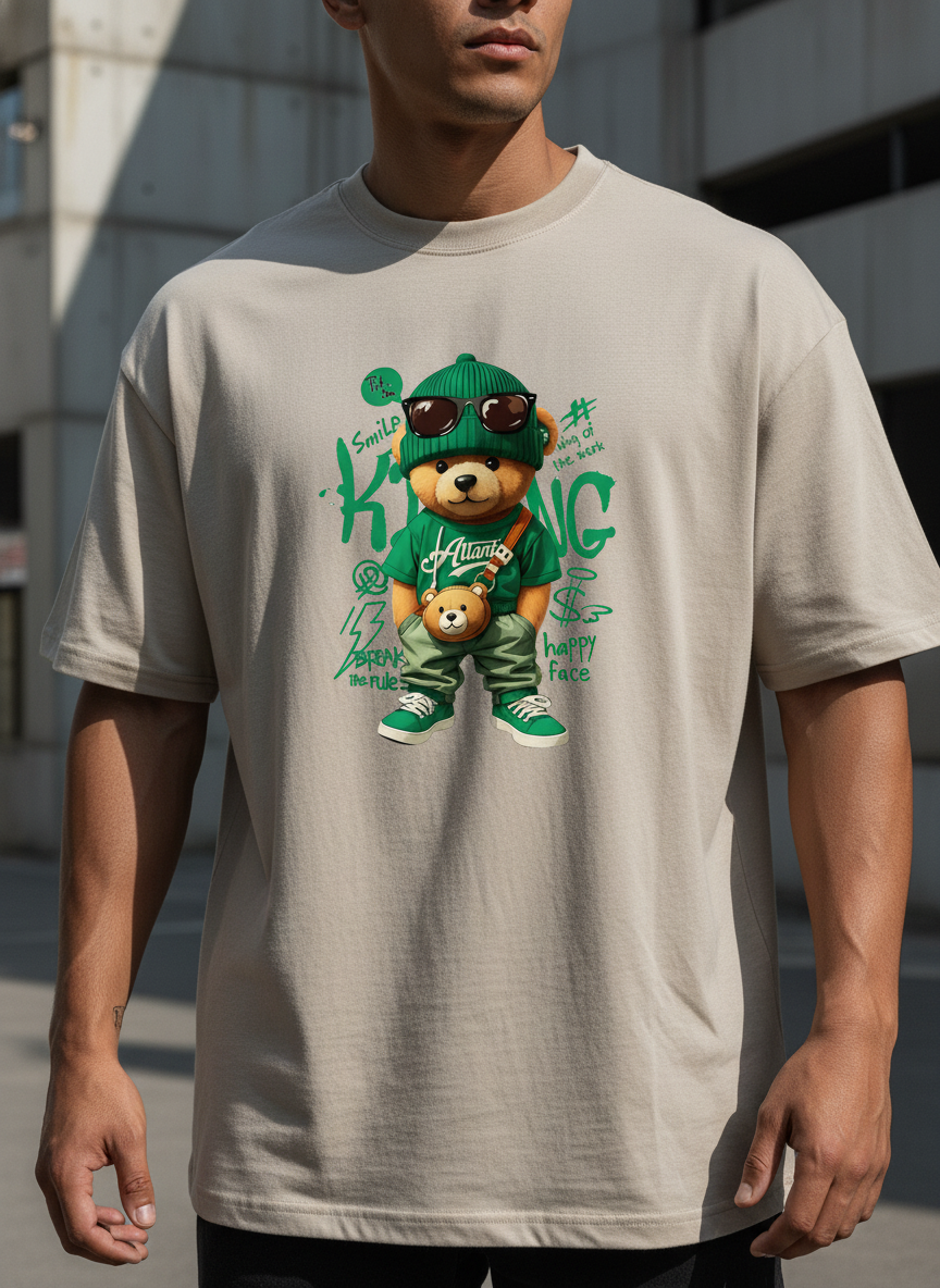 Anngi Cool Green Bear Graphic Tee | Beige Urban Streetwear Shirt