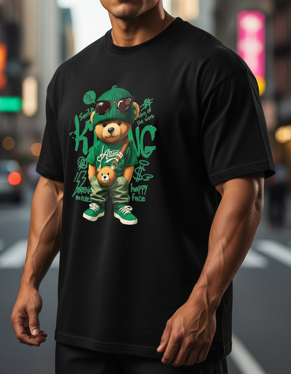 Anngi Cool Green Bear Graphic Tee | Black Urban Streetwear